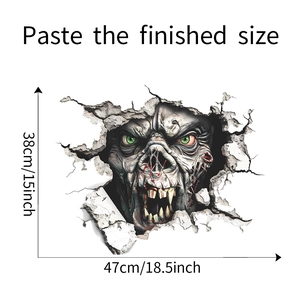 Detail view of 3D zombie wall sticker showing dimensions 47cm x 38cm on white background