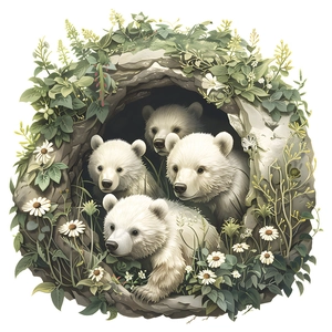 Cartoon polar bear family wall stickers with white daisies for kids bedroom bathroom decor