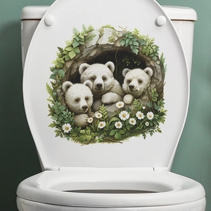Cartoon polar bear family wall decal for bathroom toilet lid decoration with daisy flowers