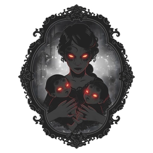 Gothic ghost mother and children wall sticker in vintage black oval frame for Halloween