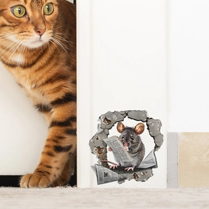 Adesivo murale 3D topo realistico che legge il giornale con gatto per decorazione casa