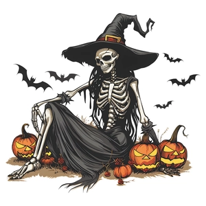 Halloween wall sticker featuring a skeleton witch, pumpkins, and bats for home decor