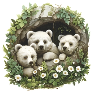 Detail of cute polar bear cubs wall sticker with white daisies and green vines decor