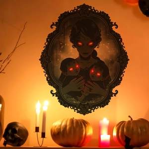 Close-up of gothic Halloween wall sticker featuring a ghostly mother and babies with red eyes