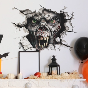 3D Halloween wall sticker featuring a scary monster face emerging from a wall crack