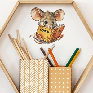 Adesivo murale topo cartone animato che legge libro su scaffale esagonale bianco