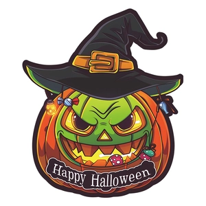Halloween pumpkin wall sticker with wizard hat and Happy Halloween banner on white background