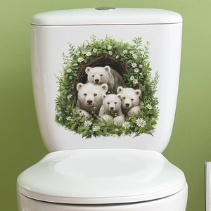 Cute polar bear family toilet sticker with green leaves and daisy flowers for bathroom