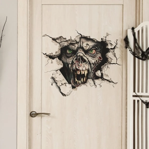 3D Halloween wall sticker featuring a scary monster breaking through a light wood door