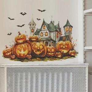 Self-adhesive Halloween wall decal featuring a haunted castle, glowing pumpkins, and bats