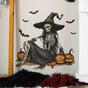 Halloween Witch Skeleton Wall Sticker With Pumpkin And Bat Pattern Removable PVC Decal For Living Room Home Festive Decoration