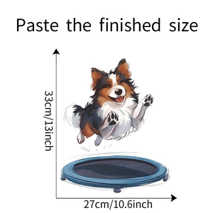 Detailed dimensions of cartoon border collie jumping on blue trampoline wall sticker decal