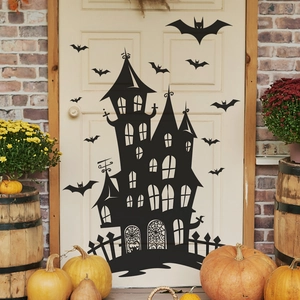 Halloween wall sticker set featuring a black castle and bats on a rustic brick background