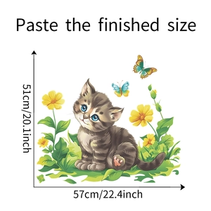 Détail du sticker mural chat avec motifs floraux et dimensions de 51x57cm affichées