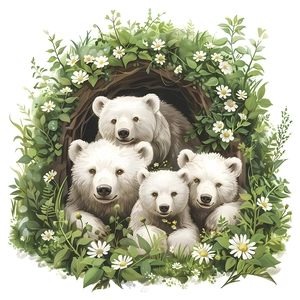 Detailed cute polar bear family wall decal with green leaves and white daisies