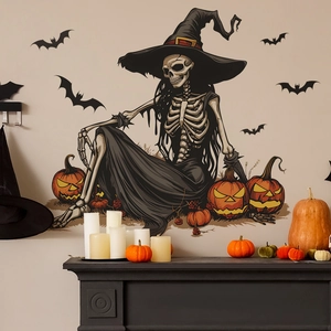 Halloween wall sticker set featuring witch skeleton, jack-o-lantern and bats for home decor