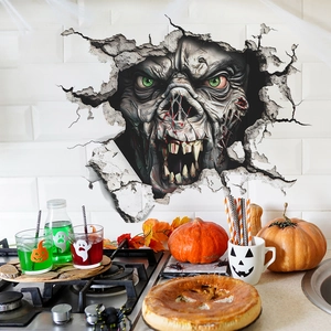 Macro detail of 3D Halloween monster wall sticker with realistic broken wall effect