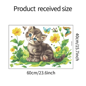 Mise en page détaillée 60x40cm du sticker mural chat et fleurs avec dimensions
