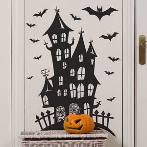 Halloween castle and bats silhouette wall stickers for bedroom and living room decor