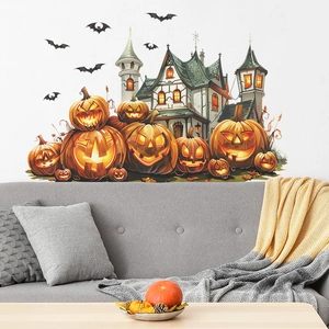 Halloween wall sticker set with glowing pumpkins, haunted castle and black bats on white wall