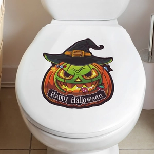 Halloween pumpkin wall sticker with wizard hat and Happy Halloween text for toilet decor