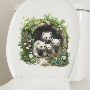 3D polar bear family sticker with daisies for bathroom and toilet lid decoration