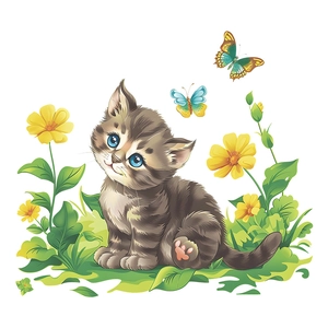 Sticker mural décoratif chaton de dessin animé avec papillons et fleurs jaunes