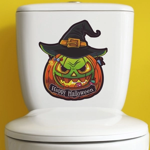 Halloween pumpkin toilet sticker with wizard hat and Happy Halloween text for decor