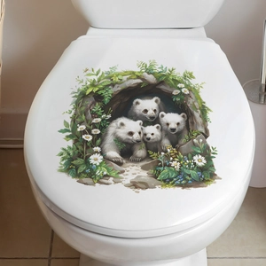 3D cartoon polar bear family sticker on a toilet lid with green plants and daisies