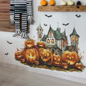 Halloween wall decals featuring a spooky castle, pumpkins and bats on a white room wall