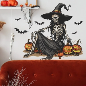 Halloween wall sticker set featuring witch skeleton, bats and pumpkins for room decor