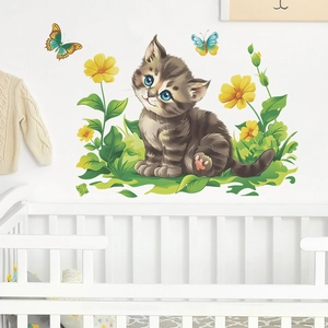 Sticker Mural Chat de Dessin Animé Dans Jardin PVC Amovible DIY Fleurs Papillon Décalcomanie Pour Chambre d'Enfant Décoration