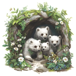 Detail of cartoon polar bear stickers with green ferns and daisies for wall decoration