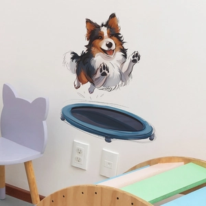 Detail of cartoon border collie jumping on blue trampoline wall sticker for kids room decor