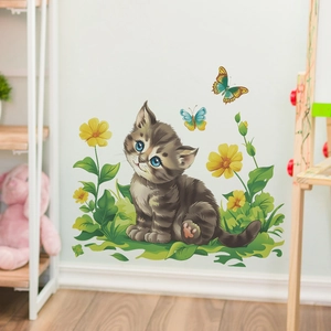 Stickers muraux chat de dessin animé et papillons pour chambre d'enfants