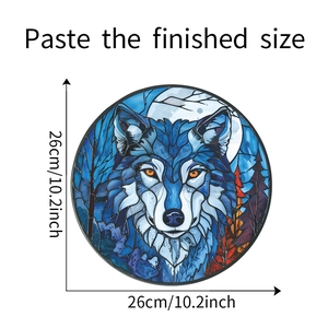 Detail view showing the 26cm diameter of the wolf moon stained glass window sticker