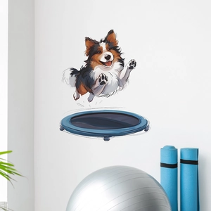 Cartoon dog jumping on a blue trampoline wall sticker for modern living room decor