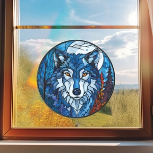 Round stained glass window cling with blue wolf design for home interior decoration