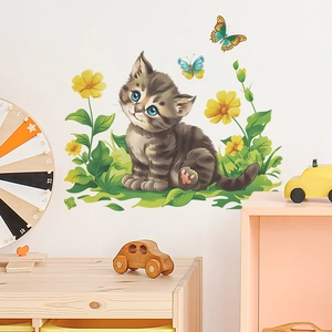 Stickers muraux chat de dessin animé et fleurs pour décoration chambre d'enfant