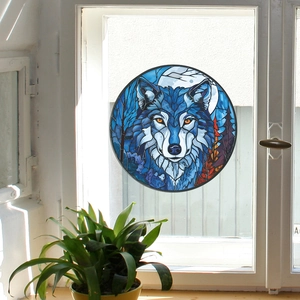 Creative Wolf King stained glass window decal for home decoration with blue wolf head design