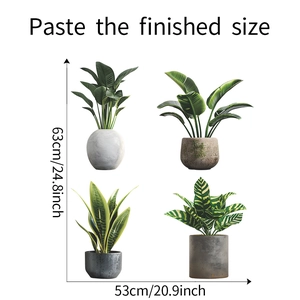 Potted plant wall stickers kit showing finished dimensions of 63cm x 53cm on white background