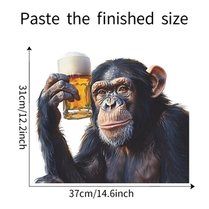 Detail view of chimpanzee drinking beer wall sticker with 31cm by 37cm size dimensions