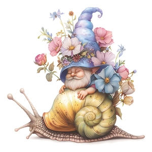 Whimsical garden gnome riding a snail sticker with flowers for bathroom wall decoration