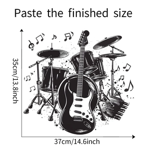 Musical wall sticker with electric guitar and drums design, size 35x37cm for home decor
