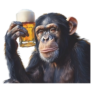 Self-adhesive wall sticker featuring a realistic chimpanzee drinking a glass of beer