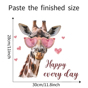 Detail of creative wall sticker showing a giraffe in pink heart sunglasses with size guides