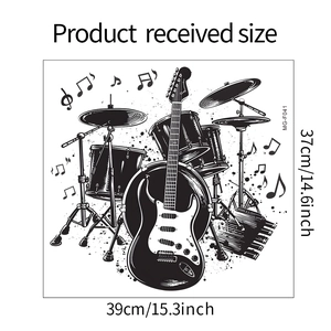Detail view of musical wall sticker showing dimensions with electric guitar and drums