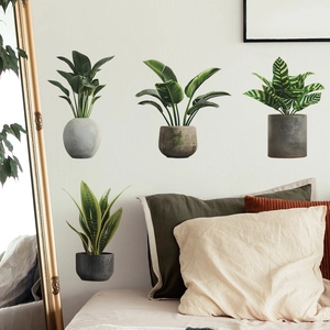 Bedroom wall decor with realistic potted plant stickers featuring lush green foliage