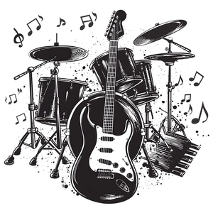 Rock band wall sticker featuring electric guitar, drum set and flowing musical notes