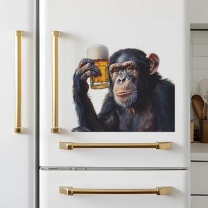Detailed wall sticker showing a realistic chimpanzee drinking beer on a white fridge